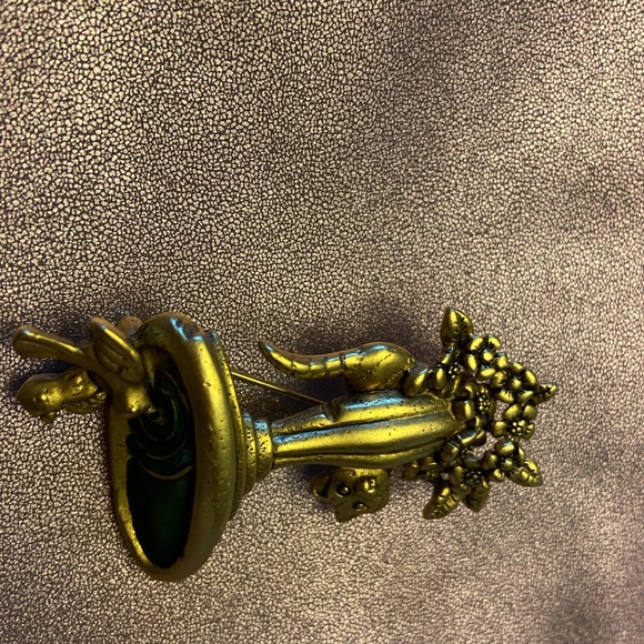 💜Danecraft Matte Gold Tone Blue Green Enamel Birdbath Bird Cat Brooch Pin Signed - Picture 7 of 8